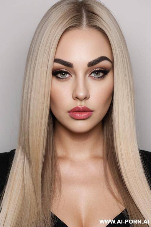 pouting lips, blonde straight hair, chubby rectangle shape face, long face, square jaw, dark eye shw and eyebrows. long nose. straight eyebrows - #main