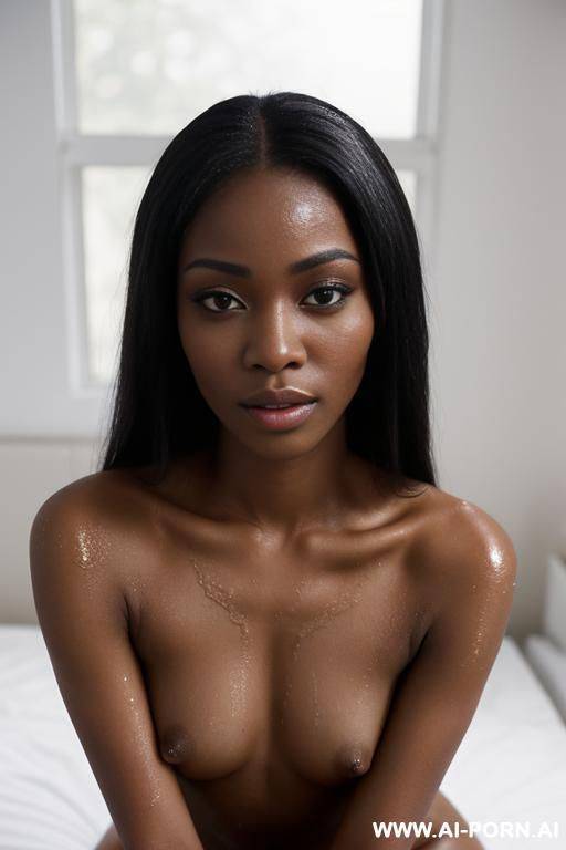 (inviting eyes looking at the camera) (elegant), (large scenic window), (soft lighting) (kneeling with legs spread apart) (showing naked shaved vagina) (long hair) (makeup) (wet hair) (wet skin) (close up) - #main
