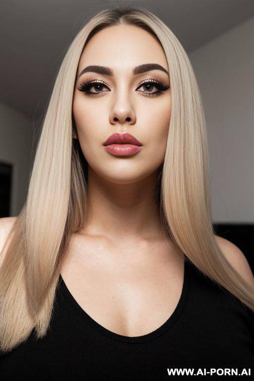 face view only. pouting lips, blonde straight hair, chubby rectanglar face, square jaw, dark eye shw and eyebrows. long nose. big eyelashes. straight, eyebrows. looking up . ((square jaw)) blowing - #main