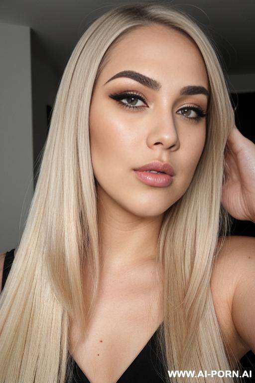 face view only. kissing lips, blonde straight hair, chubby rectanglar face, square jaw, dark eye shw and eyebrows. long nose. big eyelashes. straight, eyebrows. looking straight at the camera. - #main