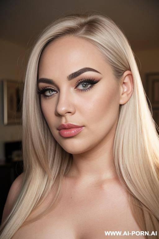 face view only. looking straight into the camera. kissing pouting lips, blonde straight hair, chubby rectanglar face, dark eye shw and horizontal straight eyebrows. flirting. long, nose. big - #main
