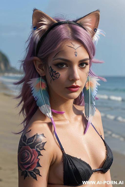 face, sexy, beautiful, ((face painting)), ((bikini as seashell)), ((tattoo roses)), ((eyes shw)), ((angel wings)), ((rainbow hair)), ((long bu hair)), ((wind)), (( cat face)), (( cat ears)), (((feather - #main