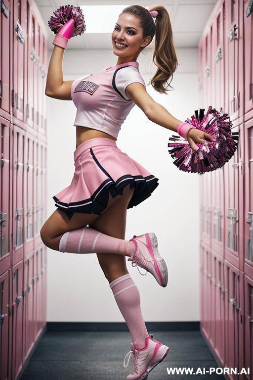 inside a locker room, athletic blonde, cheerleader, toned thighs, toned ass, toned abs, curvy, white sneakers, knee high socks, standing gystyle fuck, round face, ass fuck, running makeup, ruined makeup, smudged eyeliner, - #main