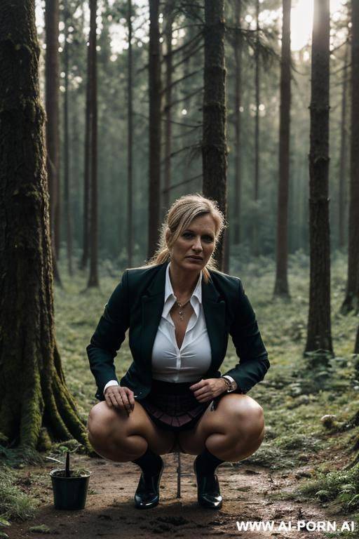 woman squatting in forest, dripping pee into ground, blazer, skirt, shirt, - #main