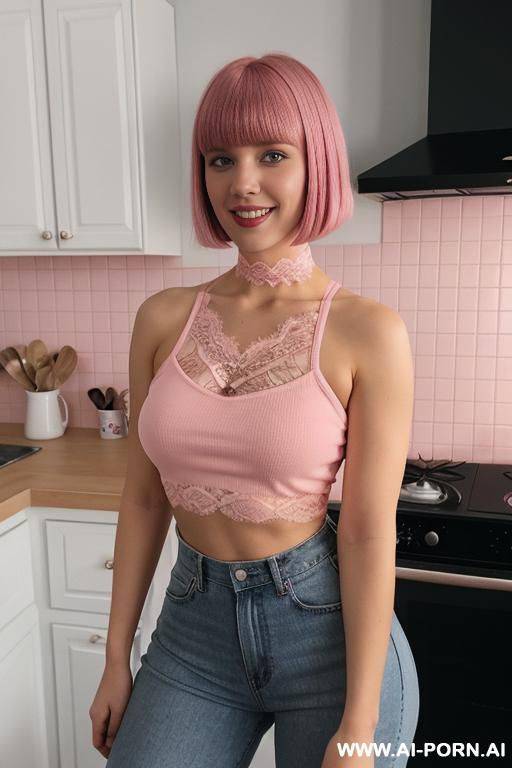 perfect body, short thick swedish model, biting her lip. red crop top, lace choker - #main