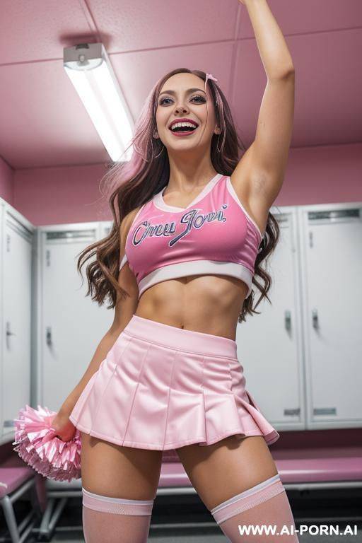 inside a locker room, athletic blonde, cheerleader, toned thighs, toned ass, toned abs, curvy, white sneakers, knee high socks, leaning against a wall, fucked from behind, standing gystyle fuck, - #main