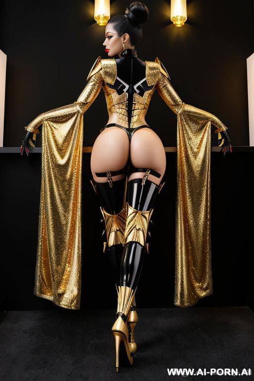robot (((transformer))) android ((stripper)) black and gold metal skin hair buns heels - #main