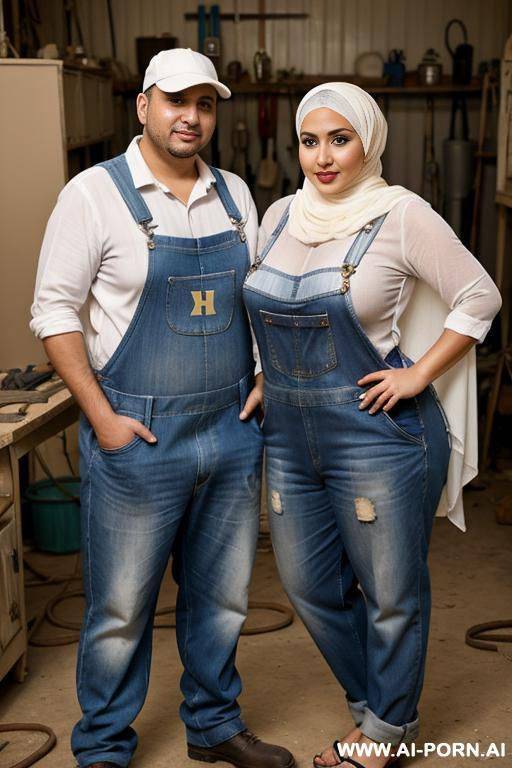 curvy egyptian white chubby wife topless wearing hijab and overalls standing with man in workshop - #main