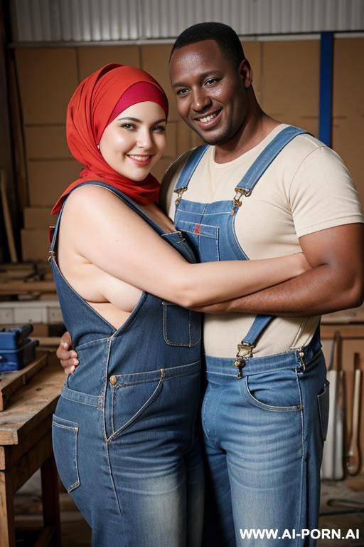 smiling curvy russian brunette chubby wife topless wearing hijab and overalls hugged from african man in workshop - #main