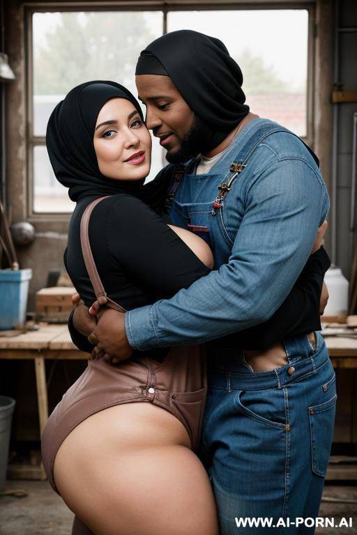 happy curvy russian brunette chubby wife fully naked wearing hijab hugged from dark black man wearing overalls in workshop - #main