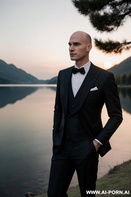 one man in elegant outfit, no beard, nearly bald, near a lake, evening, torchlight, elegant suit - #main