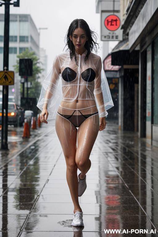 transparent clothes, (rain), (wet), (transparent panties) (city street), (running) - #main
