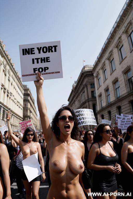 women protesting, topless, hands up, carrying a picture of a topless woman, lgbt - #main