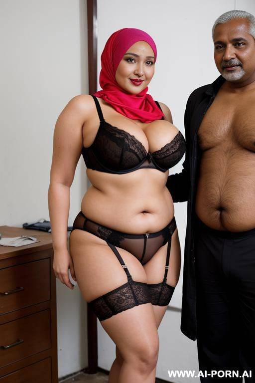 happy curvy russian chubby milf wearing hijab and lingerie standing with black indian man in workshop - #main