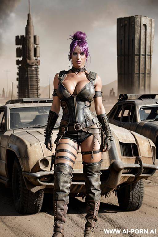 toned and defined muscles. abs. dark tanned skin. bracelet, thigh chain. mohawk hair. bulging oversized tits. leather shoulder pad. mad max. fallout. ruined city in background. holster. city ruins. - #main