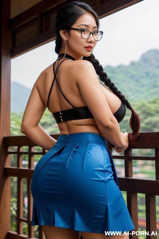 1, very big breasts, sexy figure, big butt, thai uniform, blue skirt, glasses, double braided hair, black hair. - #main