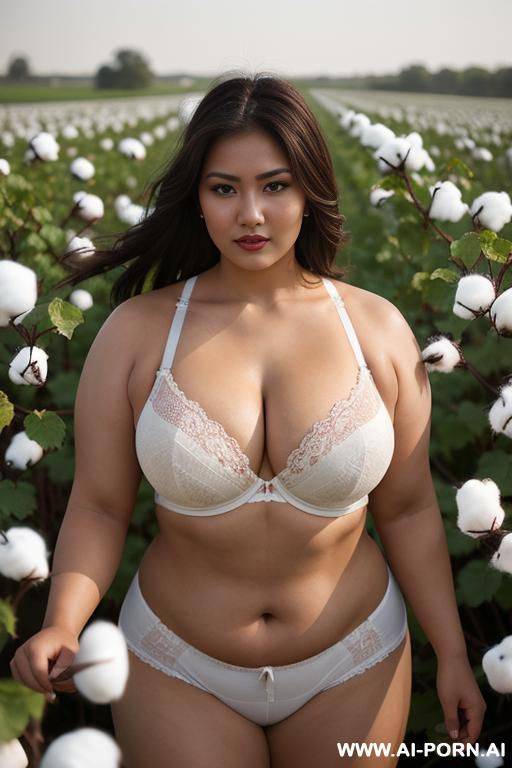 a beautiful, attractive, uzbek, buxom, strong, muscular, obese, woman picking cotton in a cotton field, looking confident at camera - #main