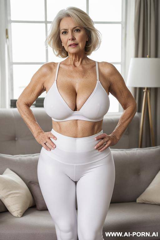 0 year old grandmother, full body, standing, lady, clearly visible age marks, triangular hips, thick thighs, hands on hips, wearing white leggings , living room - #main