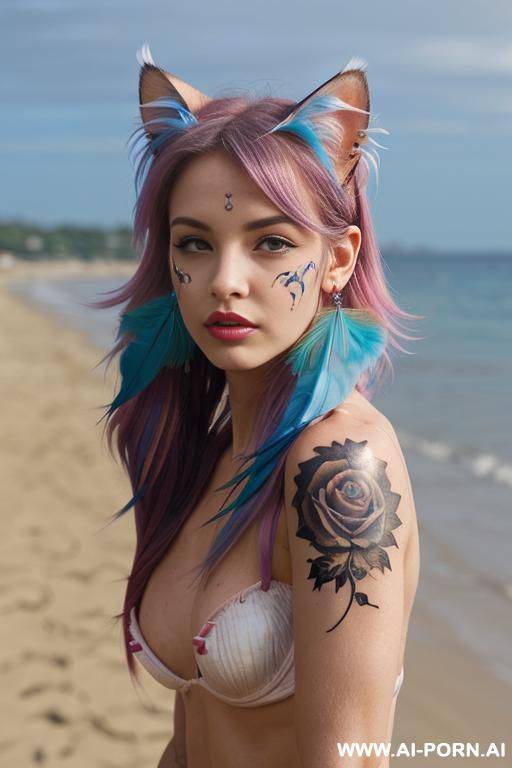 face, sexy, beautiful, ((face painting)), ((bikini as seashell)), ((tattoo roses)), ((eyes shw)), ((angel wings)), ((rainbow hair)), ((long bu hair)), ((wind)), (( cat face)), (( cat ears)), (((feather - #main