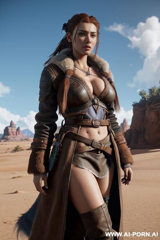 aloy, horizon zero daw, realistic photo game ,same face as character the game, big breasts, hard niplees, s in the face, nude only long open coat, full body view, very hairy pussy, realistic - #main