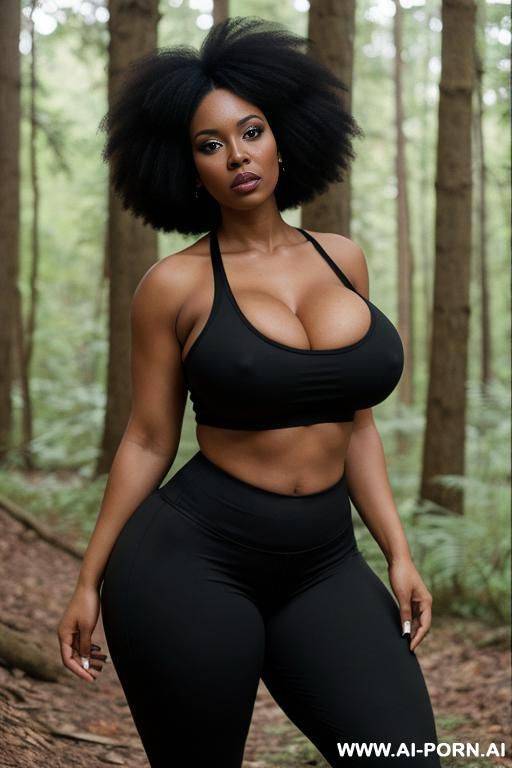 huge boobs, gigantic boobs, afro, milf, in forest, bimbo, black hair, sexy afro woman, looking at the viewer angrily, star tattoo on hand, walking - #main