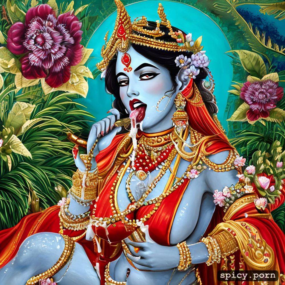 cum on tongue, beautiful hindu goddes devi kali, 4 arm, eating food with cum - #main