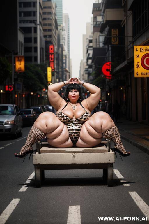 fat old milf, animal print hooker outfit, huge saggy boobs, necklace, chocker, elries, street night, waist shot - #main