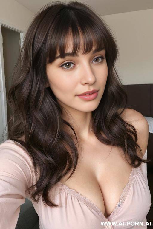 sexy 1-year-old woman has shoulder-length, wavy brunette hair with bangs, a breast, and afit body. has soft, facial expressions and brown eyes. wears pyjamas for sleepover - #main
