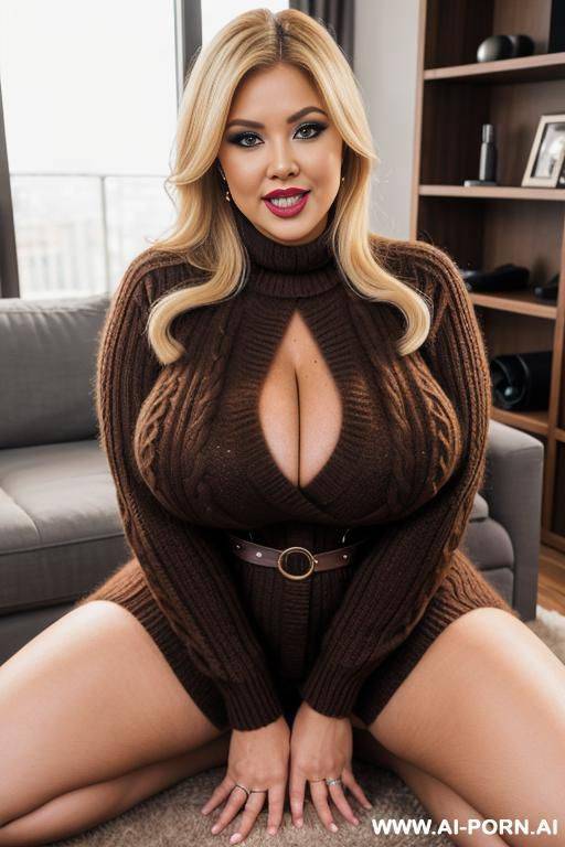 bbw 2 blonde, massive boobs, makeup, brown eyes, mohair sweater dress, stocking, belt, stiletto heel, nude pussy, open mouth, sensual smile, kneeling down, above view, direct eye contact, livingroom, - #main