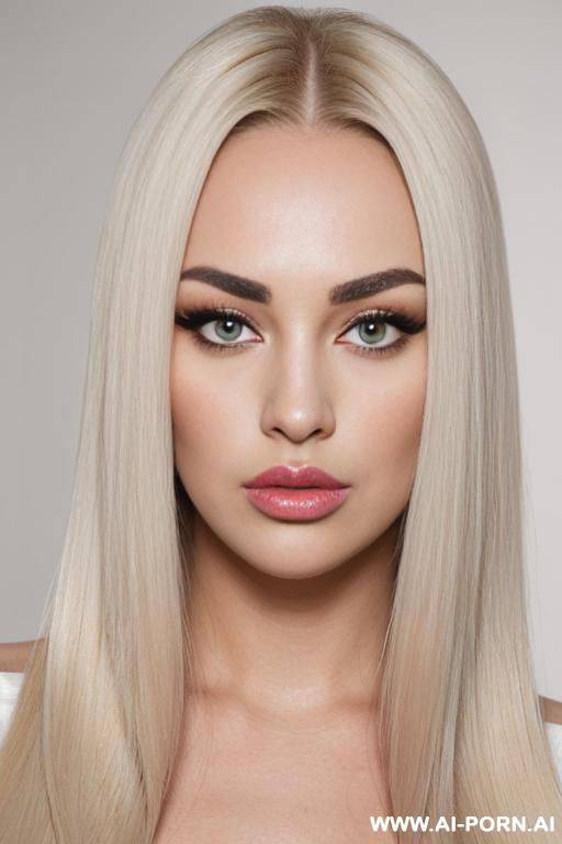 face view only. pouting lips, blonde straight hair, chubby rectanglar face, square jaw, dark eye shw and eyebrows. long nose. big eyelashes. straight, eyebrows. looking straight at the camera. - #main
