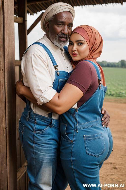 curvy russian chubby wife standing fully naked wearing hijab and overalls hugged from old african man in cos farm - #main