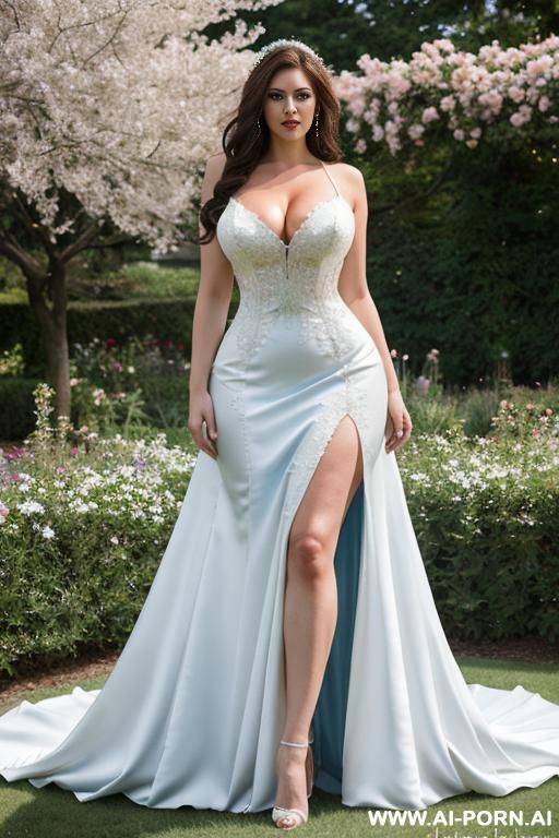 _photorealistic, very beautiful bride, wedding dress in flower garden, bottomless, show hairy pussy, (light blue eyes), very white skin, wide massive hips - #main