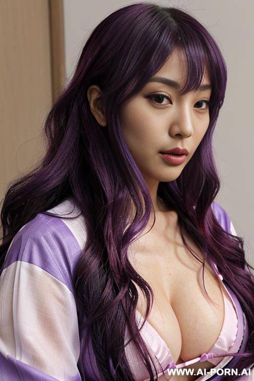 immersive, lovingly craving japanese, flowing wavy purple hair, closeup in luxurious clothes, she is seductively tanned, loud pleasure, real-life sei-ra sodes-hiro, - #main