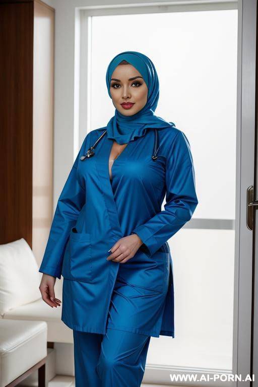 two curvy russian wearing hijab and scrubs standing topless - #main