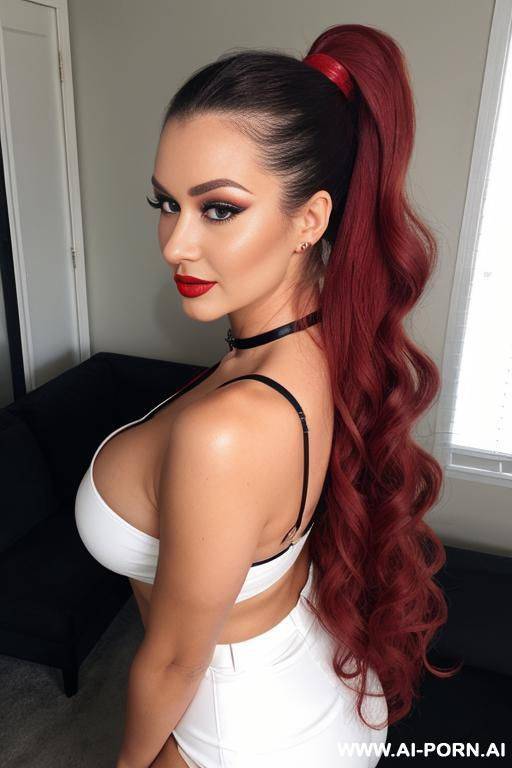 ponytail, dark blonde, red lipstick, milf, makeup, long curly hair - #main