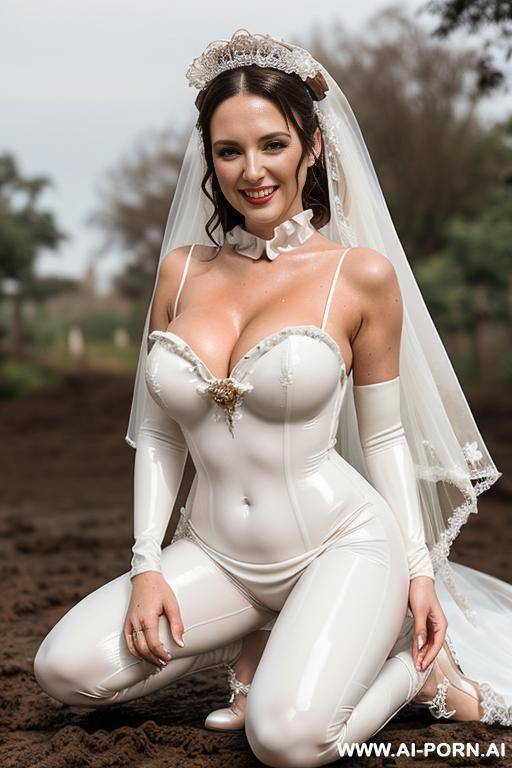 latex bride, frilly tutu, , dirty, squatting over pile of mud, covered in dirt stains, covered in chocolate stains - #main
