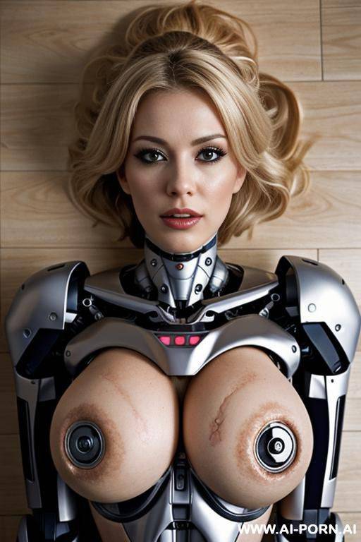 damaged blonde robot, huge tits, lying on floor, torn skin in chest exposing robotic parts inside - #main