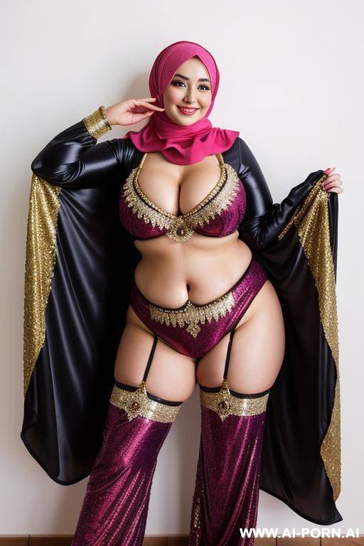 smiling curvy russian chubby wearing hijab and belly dancing suit costume - #main