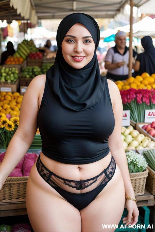 smiling curvy russian thick wife wearing hijab، sleeveless shirt and flower panties standing in market - #main