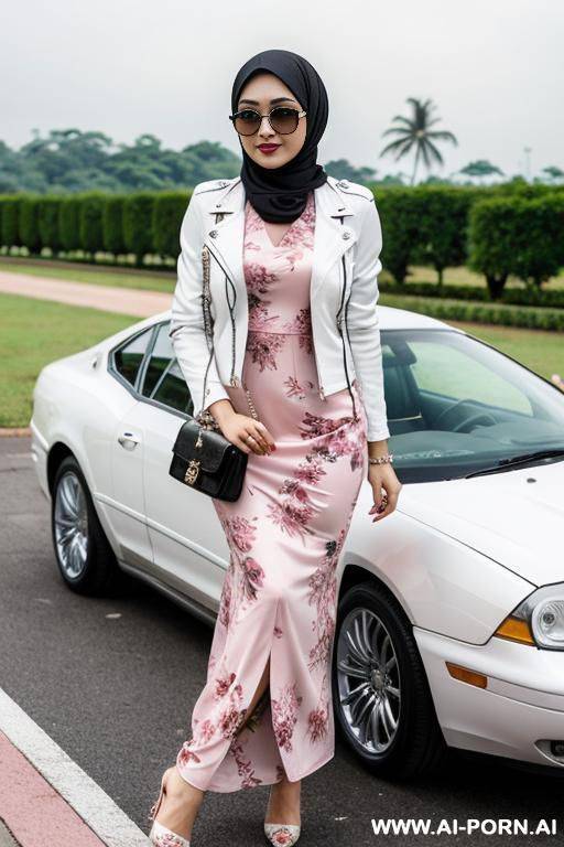 beautiful malaysia women wearing pink hijab wearing long white floral dress with short black leather jacket - #main