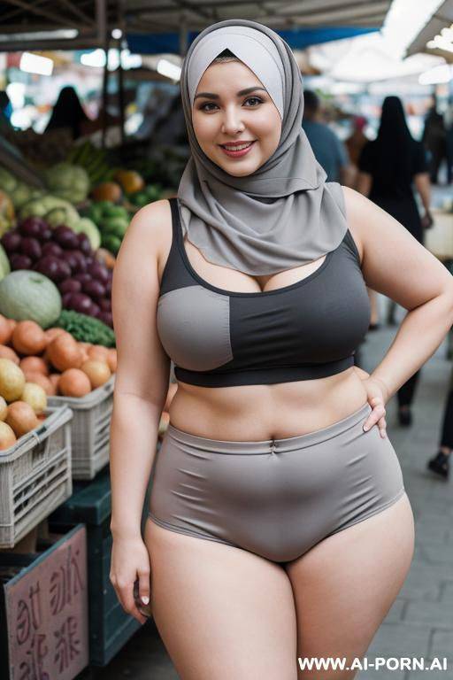 smiling curvy russian thick wife wearing hijab، sleeveless shirt and gray panties standing in market - #main