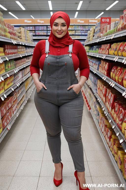 smiling curvy russian thick wife standing topless wearing hijab and red and gray overalls in supermarket - #main