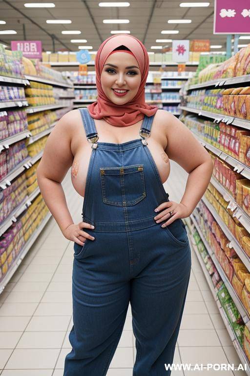 smiling curvy russian thick wife standing topless wearing hijab and colored overalls in supermarket - #main