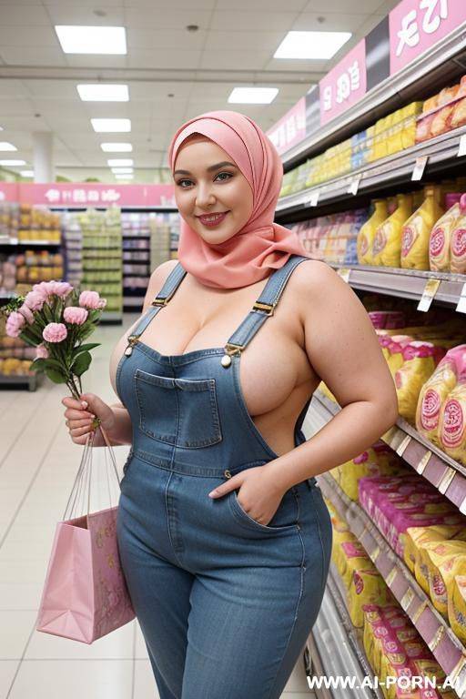 smiling curvy russian thick wife standing topless wearing hijab and pink flower overalls in supermarket - #main
