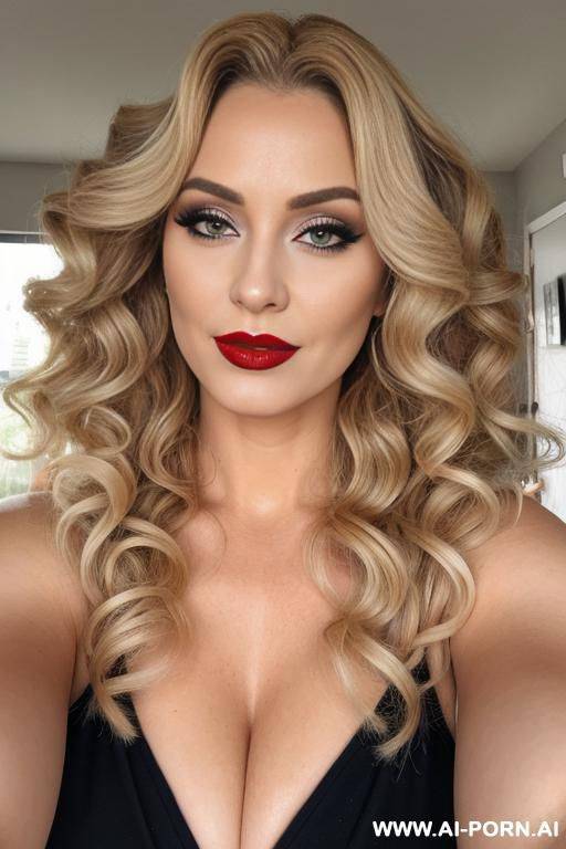 blonde, red lipstick, milf, makeup, long curly hair, selfie - #main