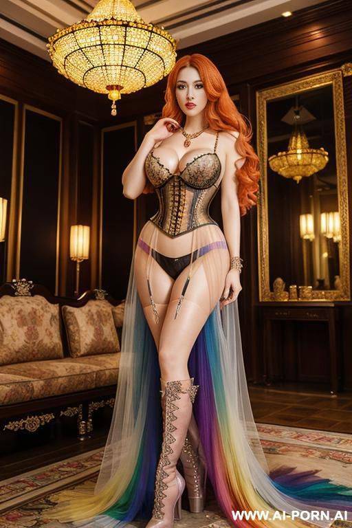 blonde , rainbow transparent corset，tutu skirt， mesh robe， rainbow transparent bra ,necklace，rainbow large pointed thigh-high boots - #main