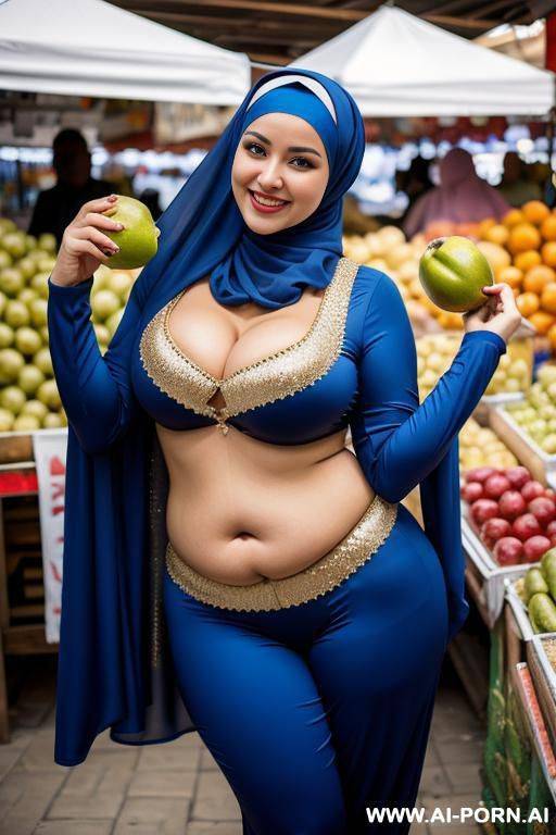 smiling curvy russian chubby wearing hijab and belly dancing suit costume standing in market - #main
