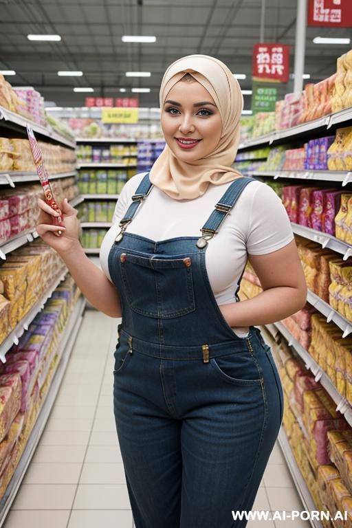 smiling curvy russian thick wife standing topless wearing hijab and floral overalls in supermarket - #main