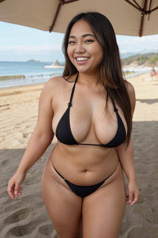 a fat chubby shorty filipina milf is posing wearing a black bikini. she is holding a beer bottle in her hand. she is laughing. the woman is happy and she is dancing. the woman has long - #main