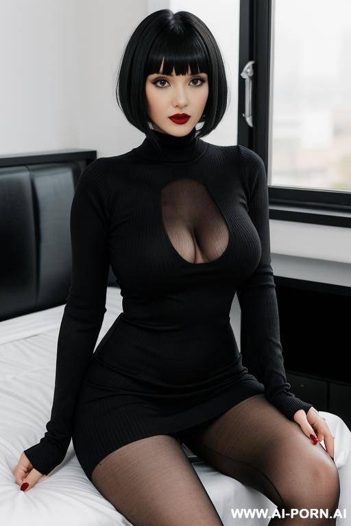 long sleeve tight black sweater dress with cutout, red leggings, goth, short hair - #main